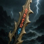 A cinematic HD close-up titled The Bone Blade A legendary weapon forged from the bones of sea ser