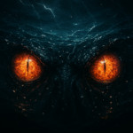 A cinematic HD close-up titled The Kraken’s Eyes Two enormous, glowing eyes piercing through the
