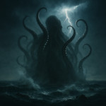 A cinematic HD scene titled Shadow Rising A massive silhouette emerging from the depths of a stor