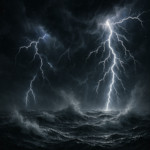 A cinematic HD scene titled Storm Unleashed A chaotic tempest raging above a dark, storm-lashed s