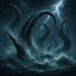 A cinematic HD scene titled Tentacles of Fury Gigantic tentacles slicing through stormy ocean wav