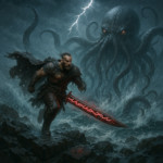 A cinematic HD scene titled The Charge The one-armed warrior sprints across jagged rocks toward t