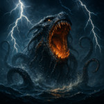 A cinematic HD scene titled The Kraken Roars The colossal Kraken rises from the storm-lashed sea,