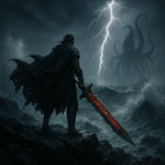 A cinematic HD scene titled The Lone Warrior A weathered figure standing on jagged rocks at the e