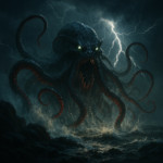 A cinematic HD scene titled The Lunge The colossal Kraken surges forward from the storm-lashed se