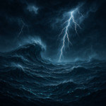 A cinematic HD scene titled The Trembling Sea A vast, storm-lashed ocean under a brooding sky. Da