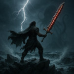 A cinematic HD scene titled The Warrior’s Stance A lone, weathered warrior stands defiantly on ja