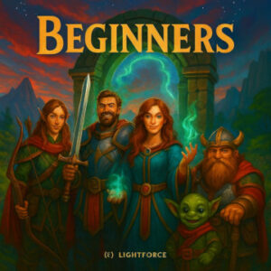 Fantasy RPG cover featuring diverse adventurers surrounded by magical energy and epic atmosphere.