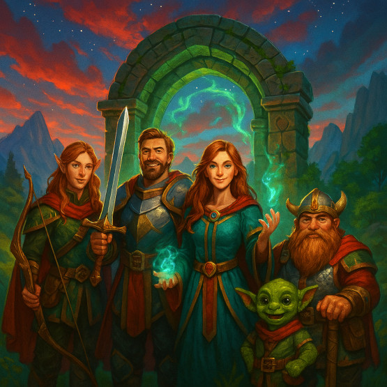 Fantasy RPG cover featuring diverse adventurers surrounded by magical energy and epic atmosphere.