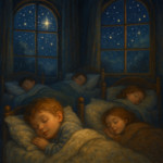 Children sleeping peacefully in cozy beds as starlight streams through windows, magical and serene f
