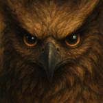 Close-up of griffon Thalor’s piercing obsidian eyes, glowing with wisdom and power, fantasy style. H