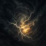 Dark tempest clouds swirling with streaks of lightning and sunlight breaking through, dramatic fanta