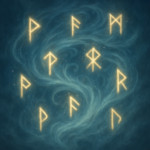 Ethereal wind currents forming ancient runes in the air, glowing symbols swirling in mist, magical f