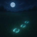 Faint glowing hoofprints in grass under moonlight, magical and serene fantasy scene. HD quality, 150