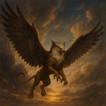 Griffon Thalor descending with wings spread wide like sails, dramatic fantasy sky. HD quality, 150x1