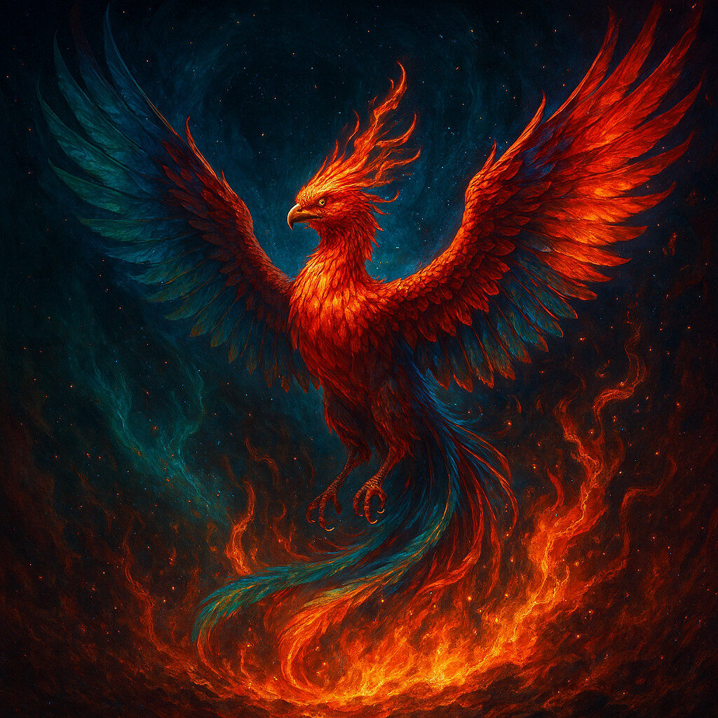Illustration fantastique en haute définition (1024 x 1024 px) représentant le Phénix, symbole mythol