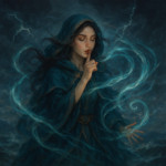 Liora calming a raging storm with a whispered word, mystical winds swirling around her, fantasy sett