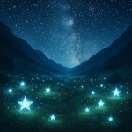 Magical valley where stars touch the earth, glowing softly with ethereal light, fantasy setting unde