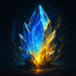 Radiant Aetherstone crystal pulsing with blue and gold light, magical aura, fantasy setting. HD qual