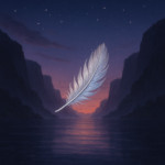Silver feather floating back toward cliffs in twilight, serene magical fantasy scene. HD quality, 15