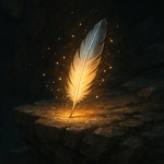 Single silver-tipped feather glowing warmly on a rocky ledge, magical aura, fantasy setting. HD qual