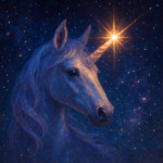Single spark glowing in unicorn Liora’s horn against a cosmic backdrop, magical and radiant fantasy