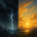 Split sky showing balance of storm and sun, dramatic fantasy landscape with half tempest clouds and