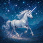 Unicorn Liora galloping across a magical valley under a glittering night sky, stardust trailing from