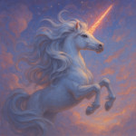 Unicorn Liora soaring into the heavens with flowing silver mane, glowing dawn-colored horn, magical