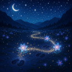 Unicorn hoofprints leaving glowing stardust trails that blossom into flowers, magical fantasy scene
