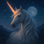 Unicorn with a silver moonlight mane and a horn glowing with dawn colors, majestic fantasy creature