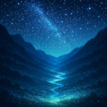 Valley illuminated and shimmering under a clear night sky, magical fantasy landscape glowing with st
