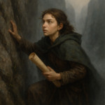 Young scribe Liora climbing misty cliffs with a scroll in hand, fantasy atmosphere. HD quality, 150x