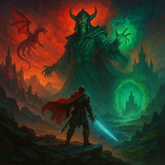 Epic fantasy scene of a heroic warrior facing a horned dark creature with a glowing sword.