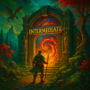 A lone adventurer facing a fiery magical portal labeled ‘INTERMEDIATE’ in a mystical forest.