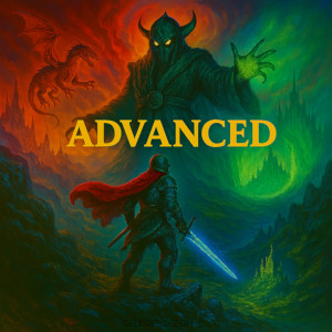 Epic fantasy scene of a heroic warrior facing a horned dark creature with a glowing sword.